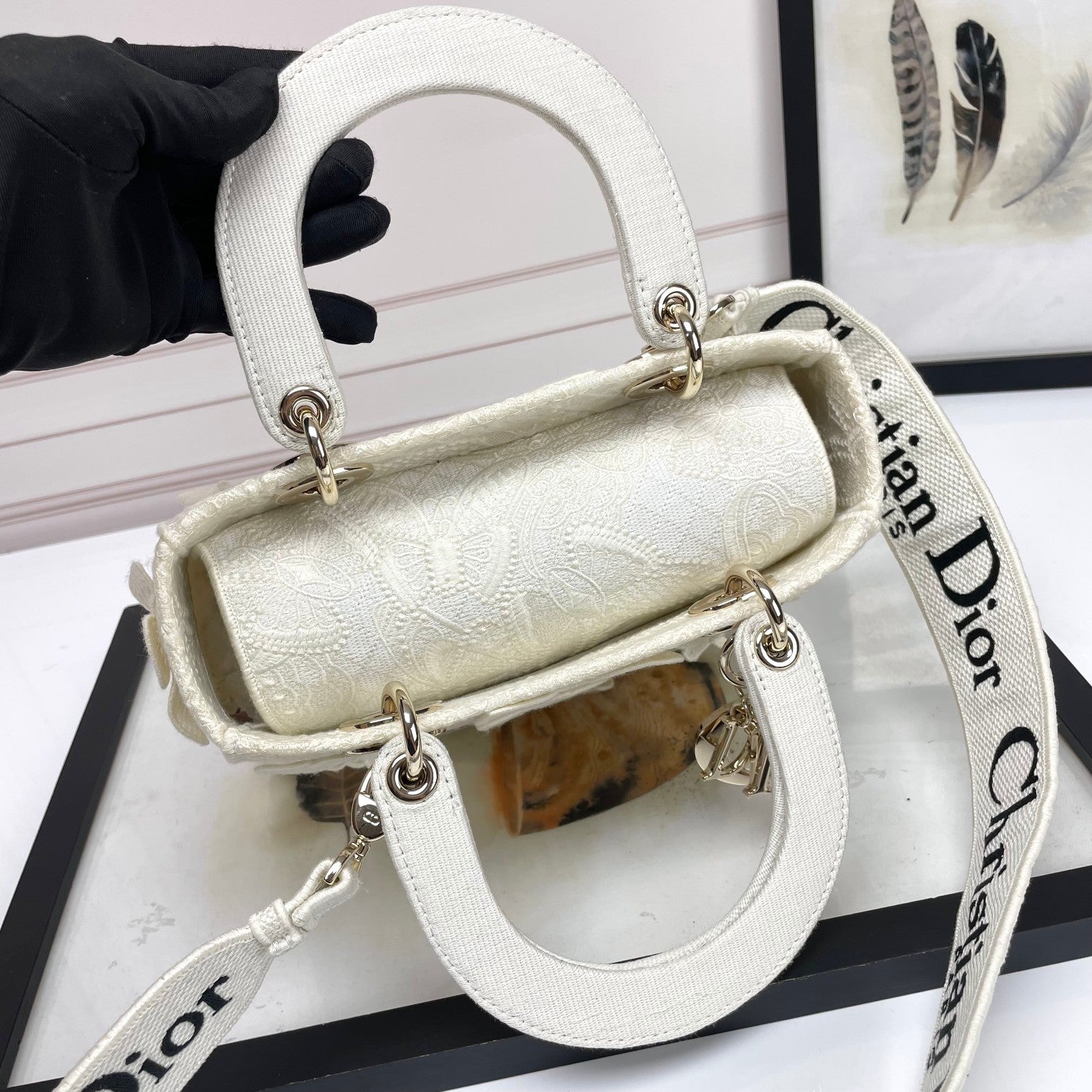 Christian Dior White Lady D-Lite Handbag with Butterfly Embroidery and Shoulder Strap