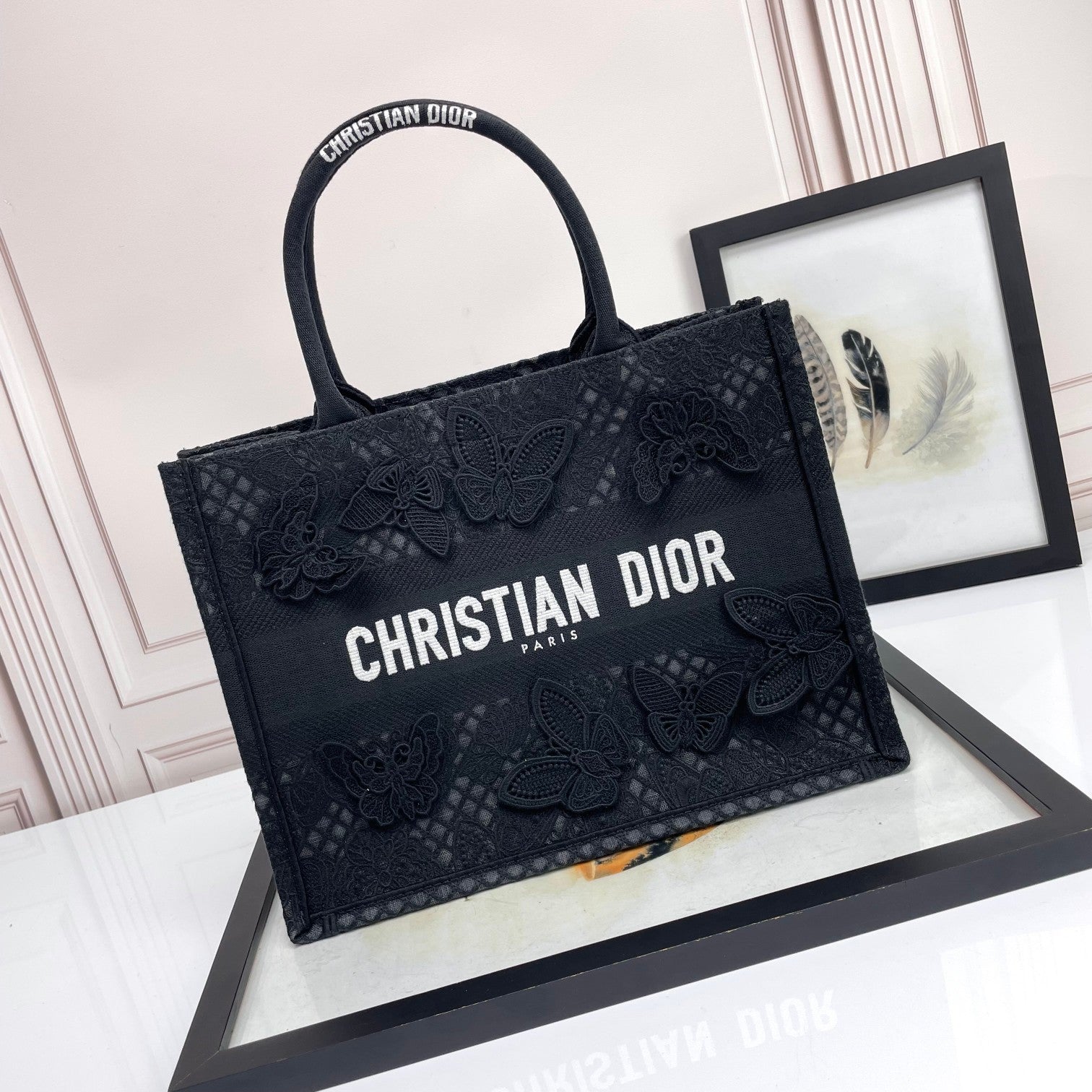 Christian Dior Black Butterfly Embroidered Canvas Book Tote Bag