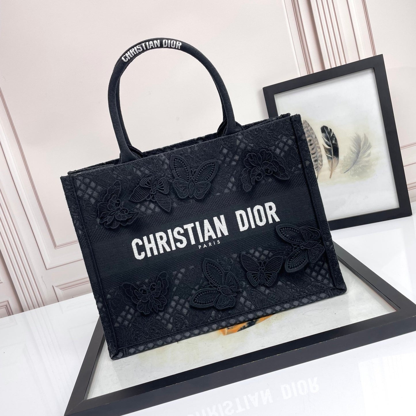 Christian Dior Black Embroidered Butterfly Book Tote Bag