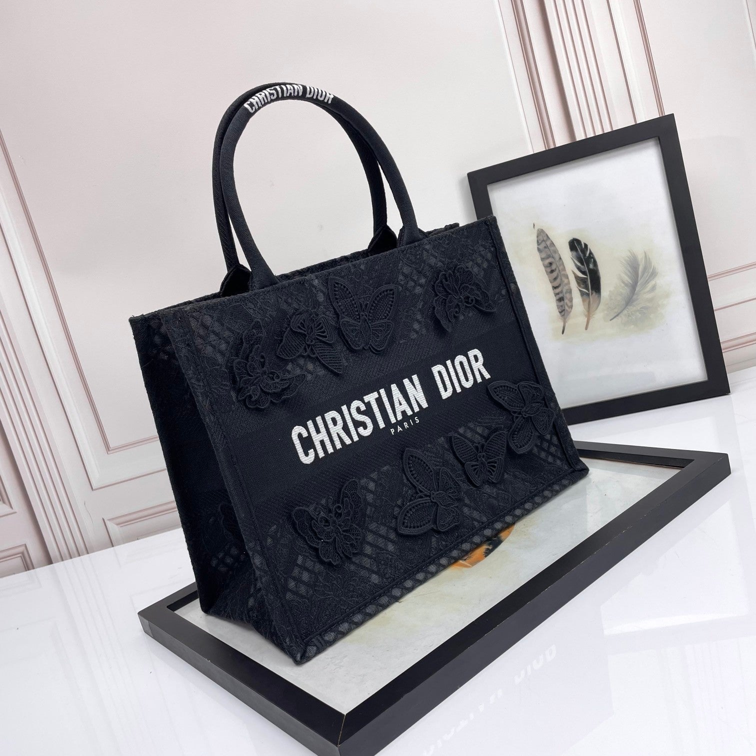 Christian Dior Black Embroidered Butterfly Book Tote Bag