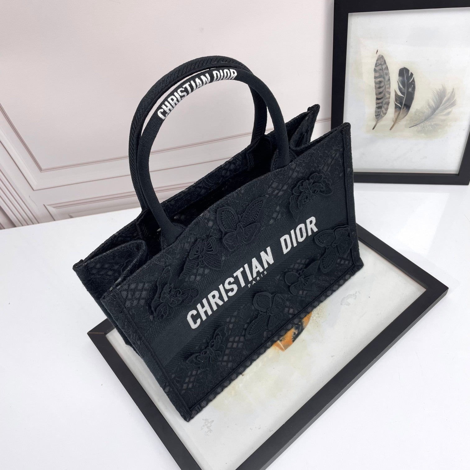 Christian Dior Black Butterfly Embroidered Canvas Book Tote Bag