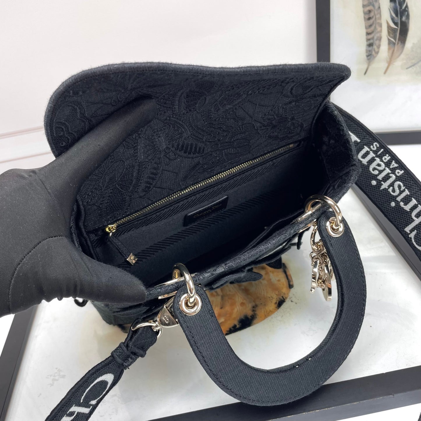 Christian Dior Black Lady D-Lite Embroidered Canvas Bag