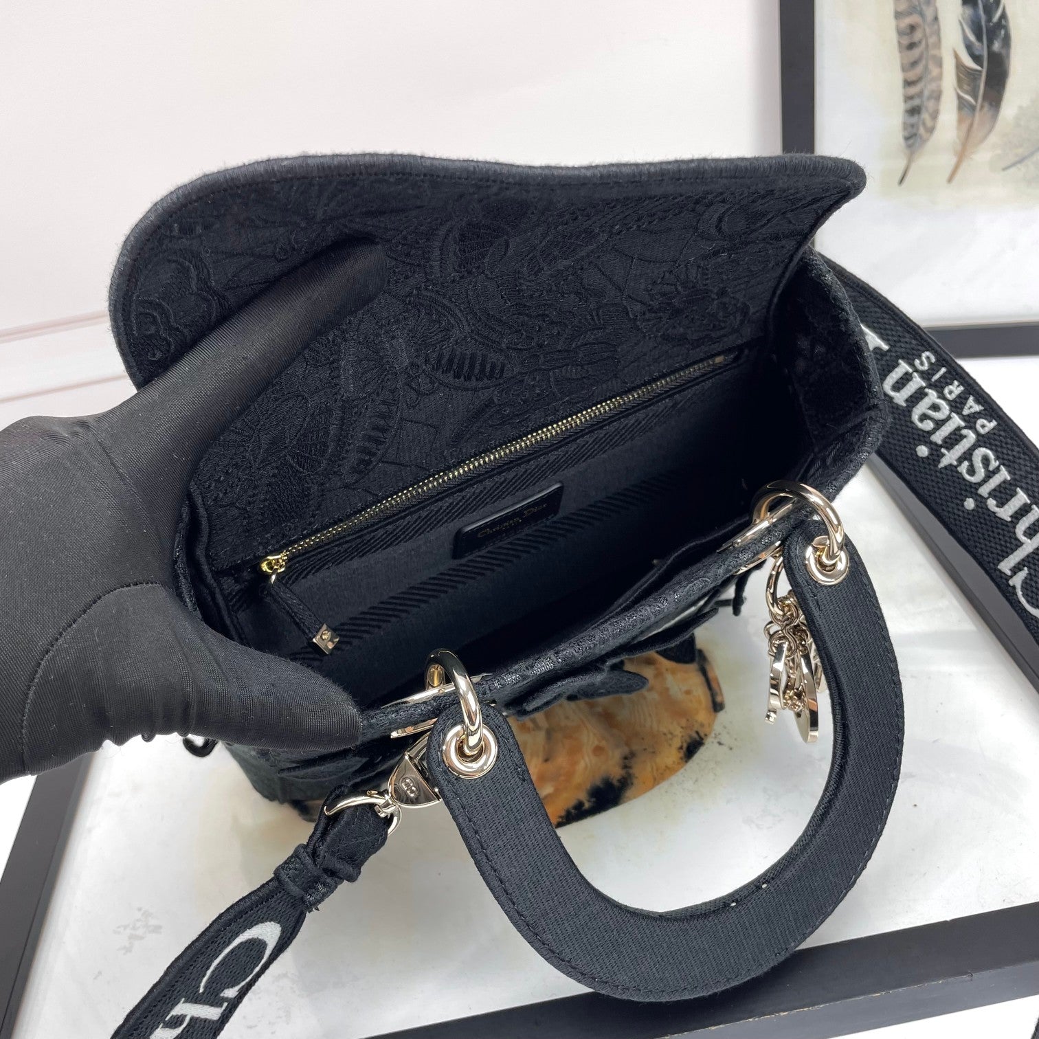 Christian Dior Lady D-Lite Medium Bag Black Embroidered Canvas