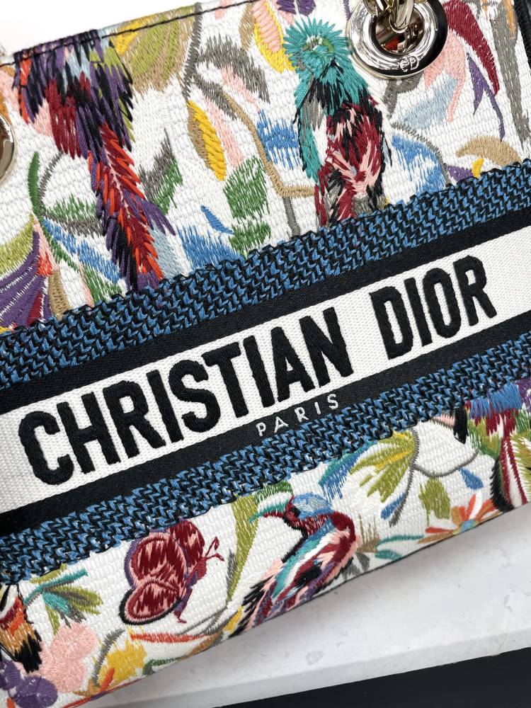 Christian Dior Lady D-Lite Bag Embroidered Floral Bird Pattern White Multicolor
