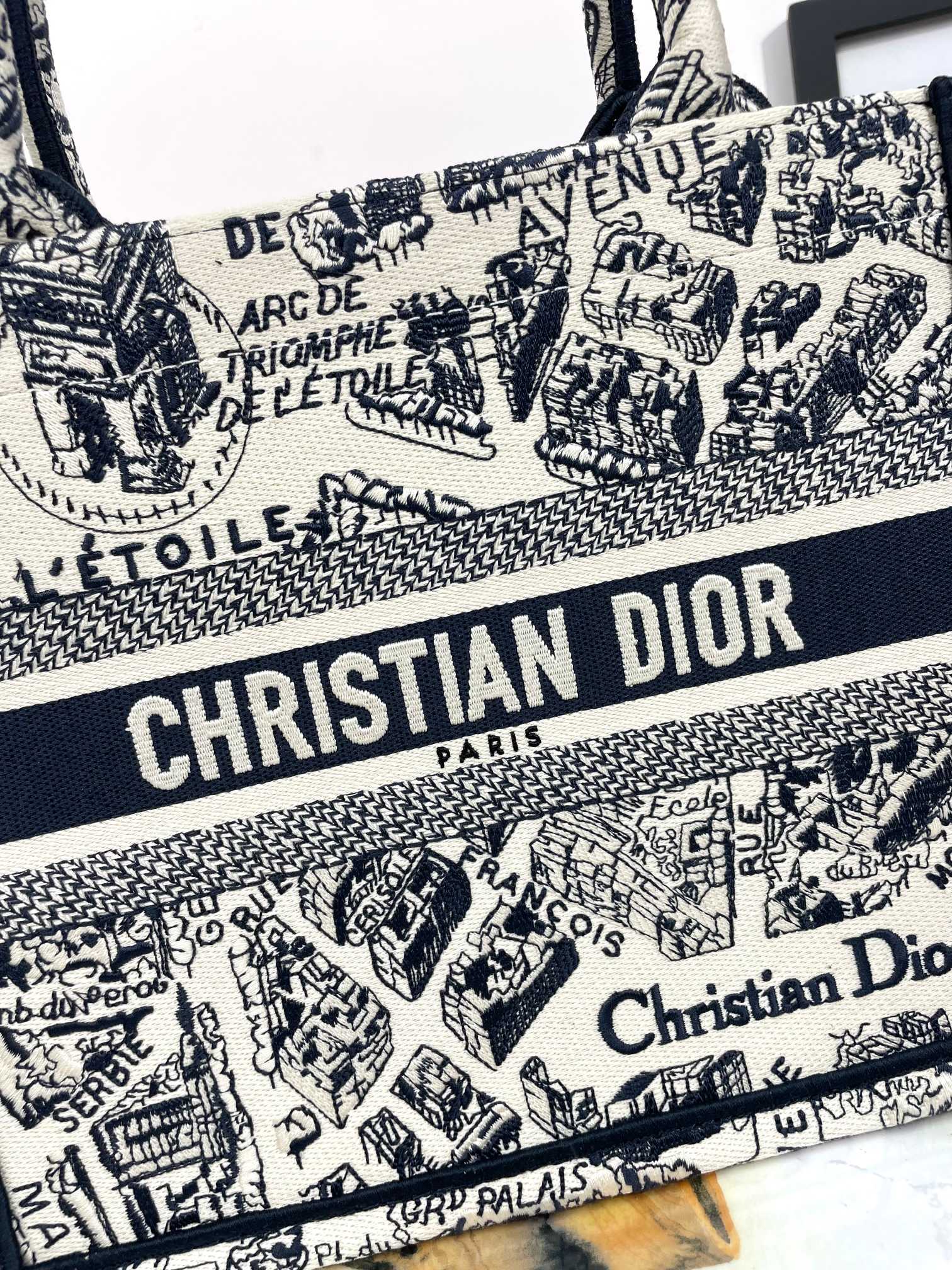 Christian Dior Medium Book Tote Bag - Black and White Plan de Paris Embroidery