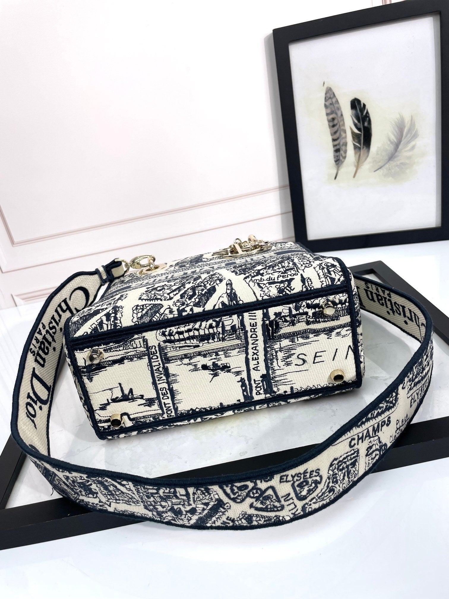 Christian Dior Lady D-Lite Bag Toile de Jouy Embroidery - Navy Blue & White