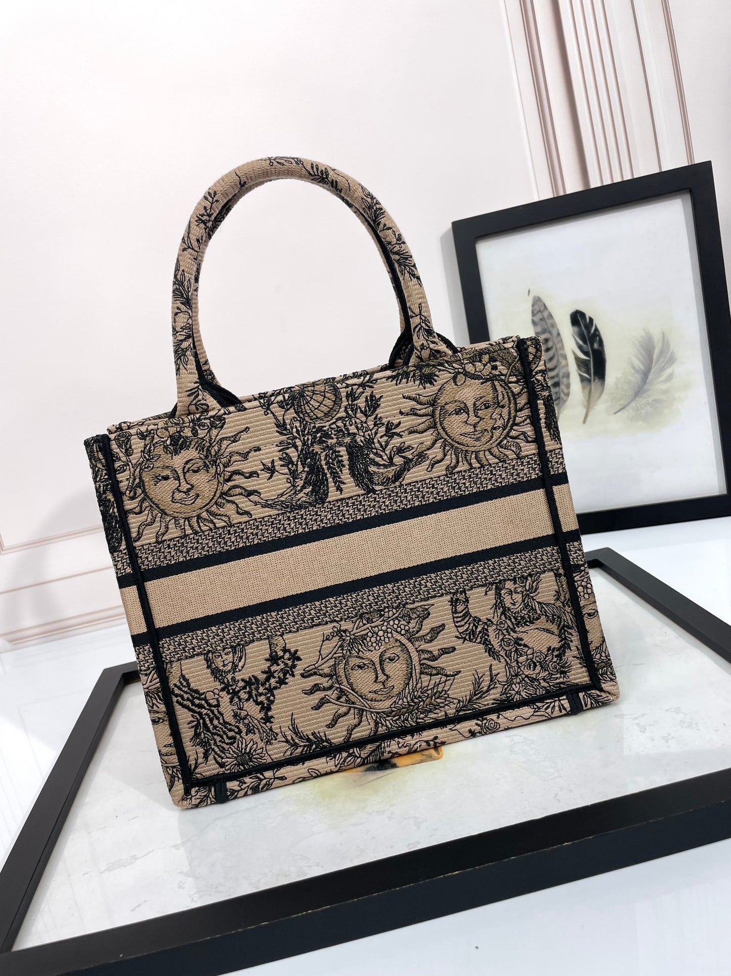 Christian Dior Medium Book Tote Bag with Sun and Moon Embroidery - Beige and Black