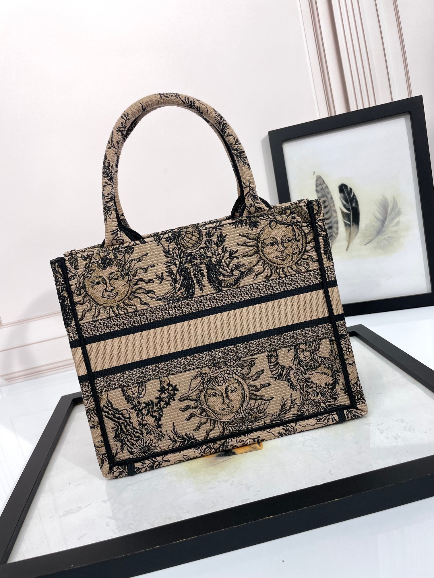 Christian Dior Medium Book Tote Bag with Sun and Moon Embroidery - Beige and Black