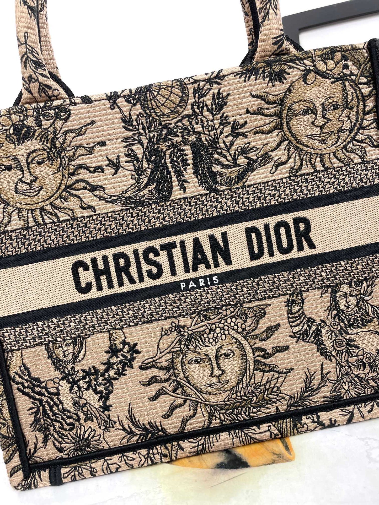 Christian Dior Medium Book Tote Bag with Sun and Moon Embroidery - Beige and Black