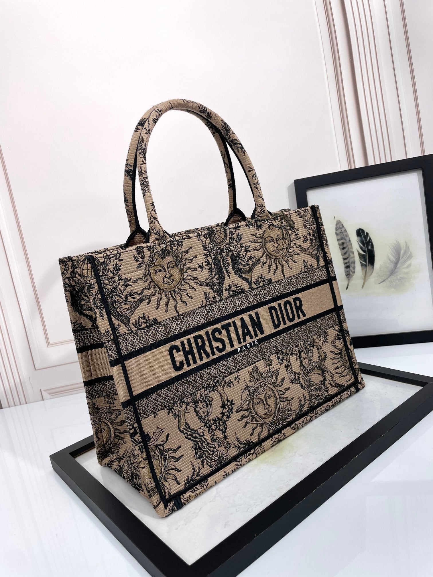 Christian Dior Medium Book Tote - Beige and Black Sun Motif Embroidered Canvas
