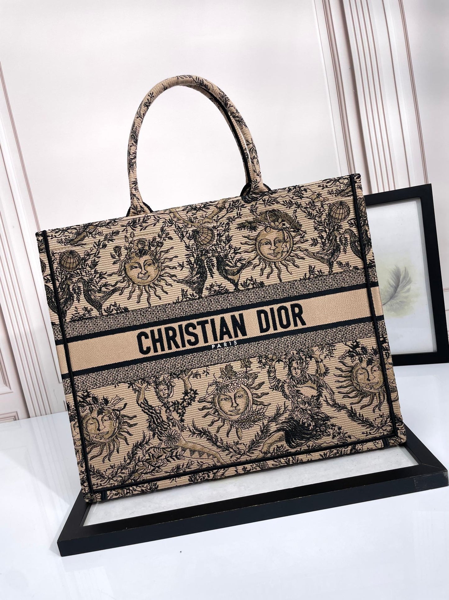 Christian Dior Book Tote Bag - Beige and Black Toile de Jouy Soleil Embroidery