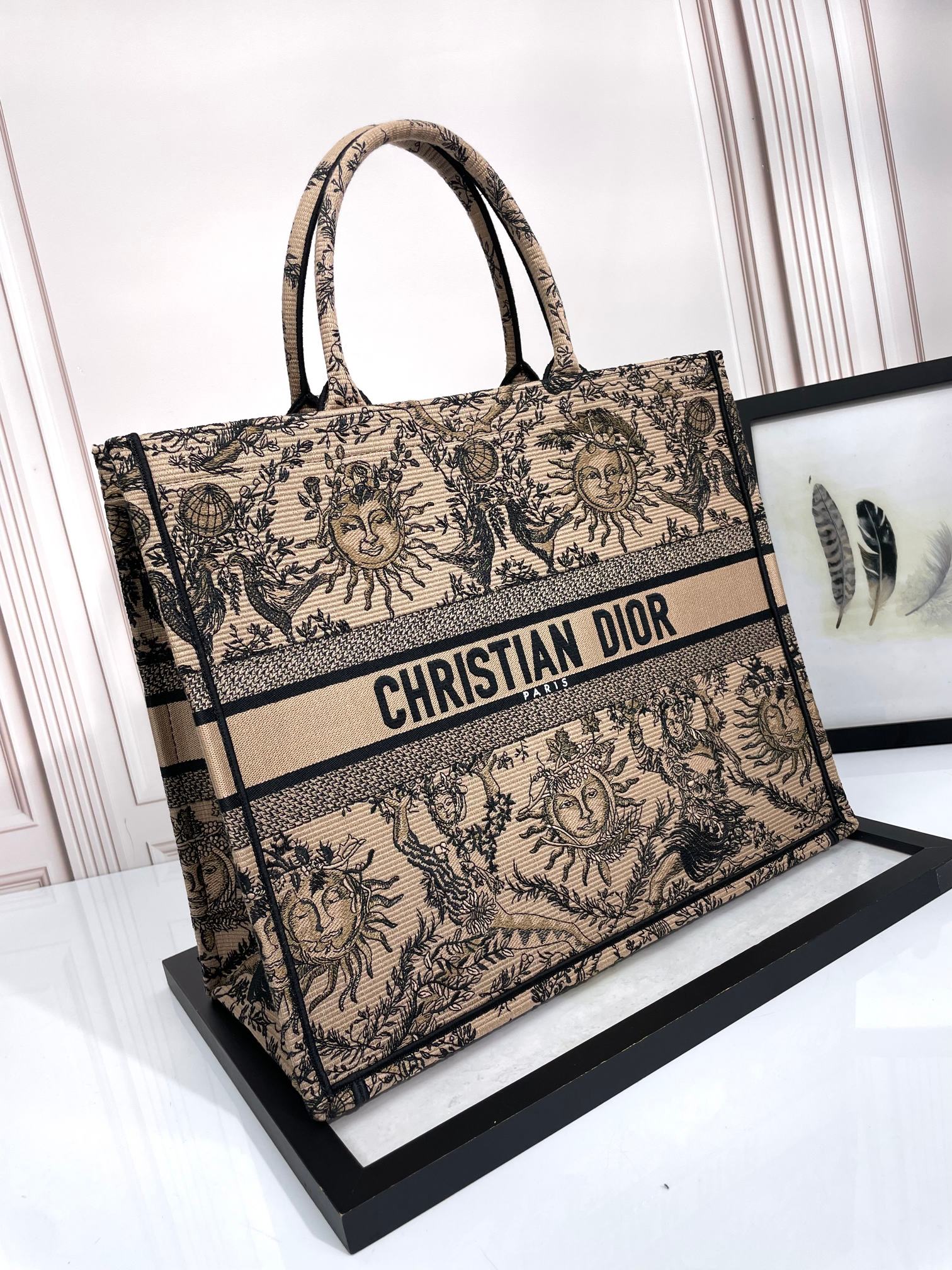 Christian Dior Book Tote Bag - Beige and Black Toile de Jouy Soleil Embroidery