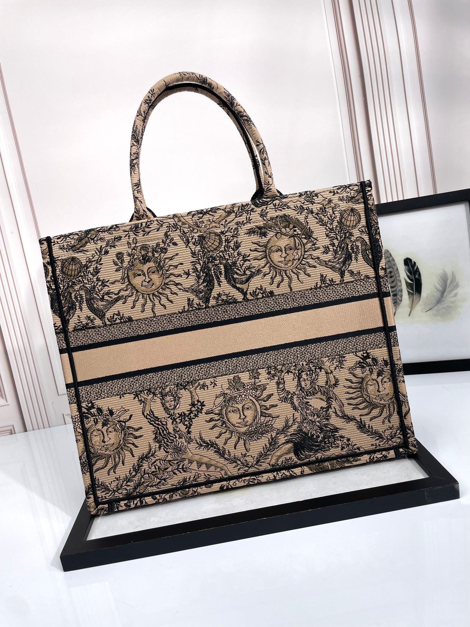Christian Dior Large Book Tote Beige &amp; Black Celestial Sun Embroidered Canvas Bag