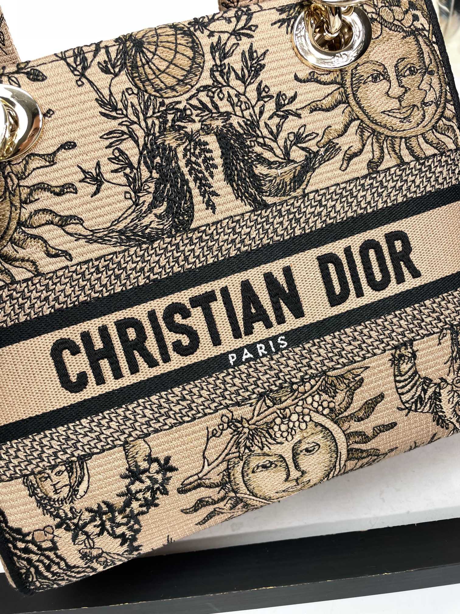 Christian Dior Medium Lady D-Lite Bag Embroidered Sun Motif Beige &amp; Black Canvas
