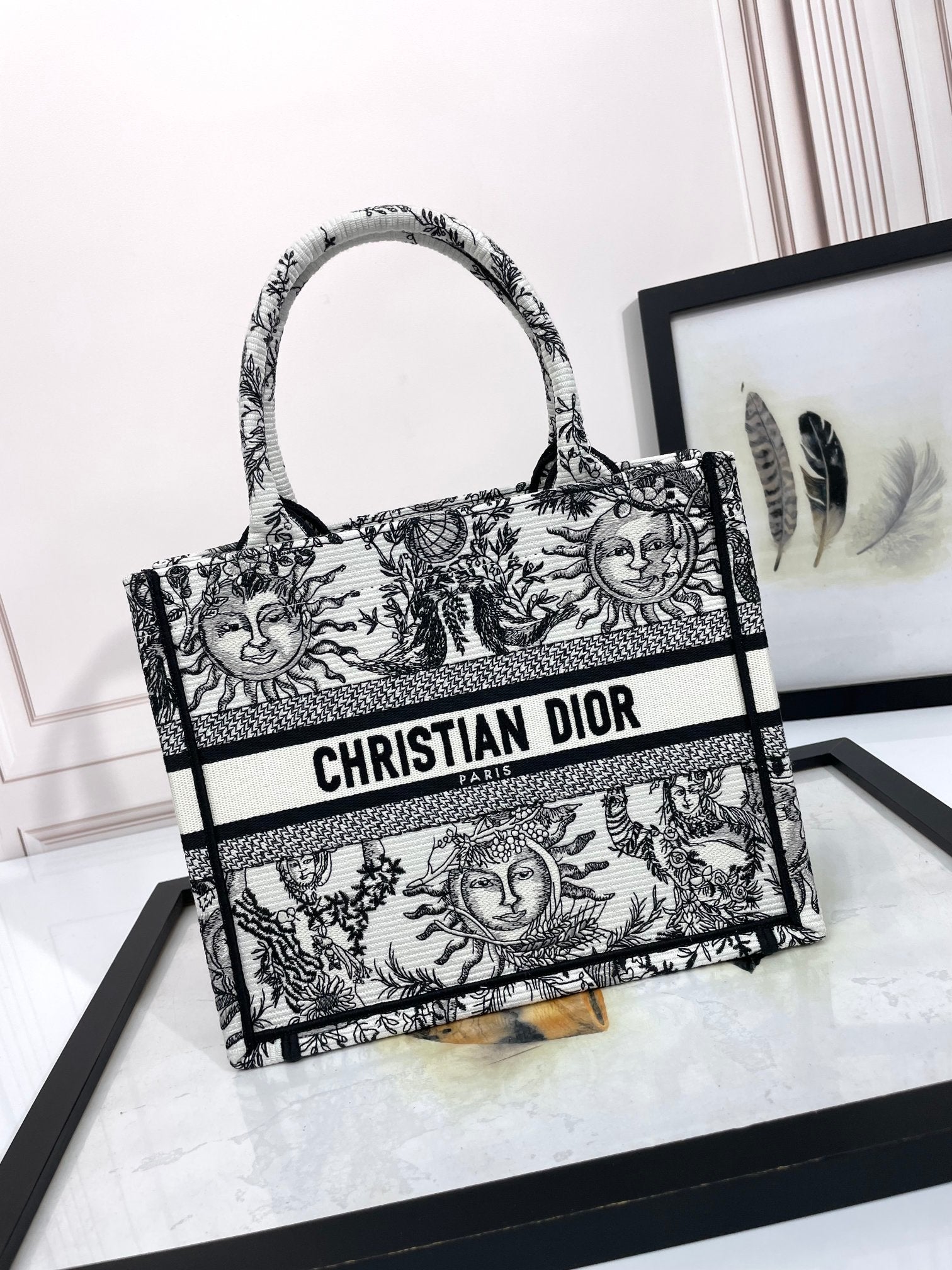 Christian Dior Large Book Tote White and Black Zodiac Embroidery