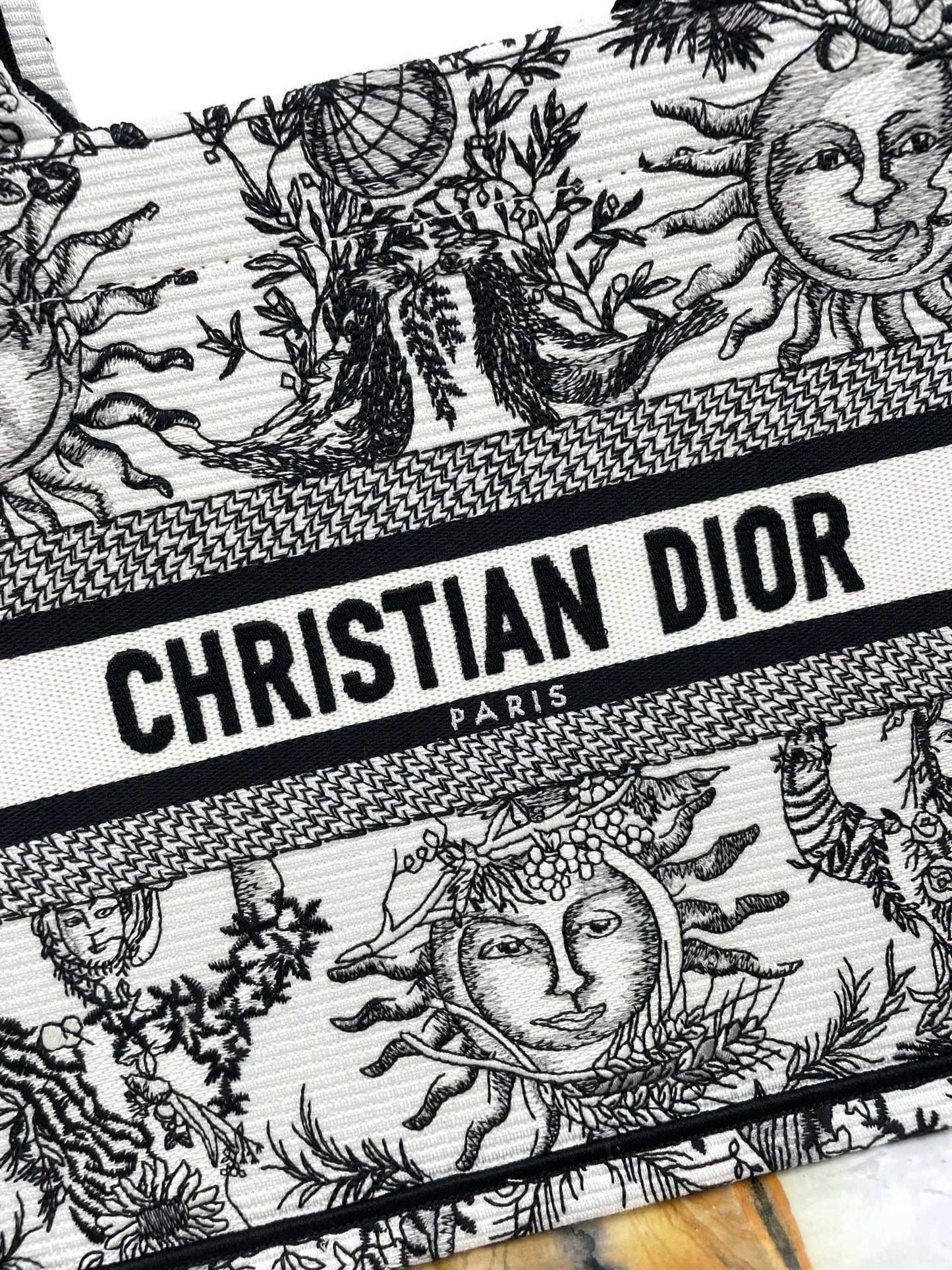 Christian Dior Large Book Tote White and Black Zodiac Embroidery
