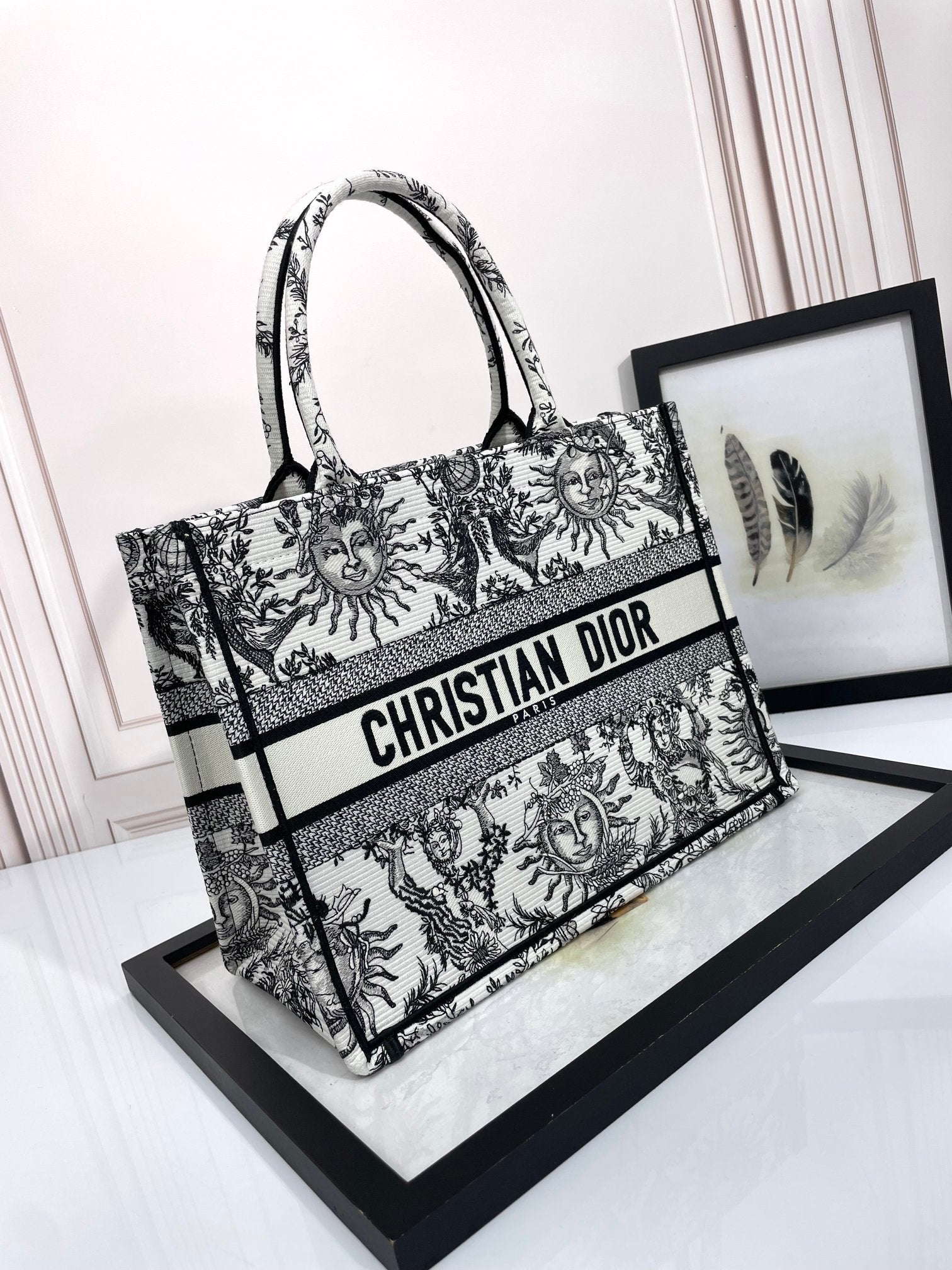 Christian Dior Medium Dior Book Tote - White and Black Zodiac Embroidery
