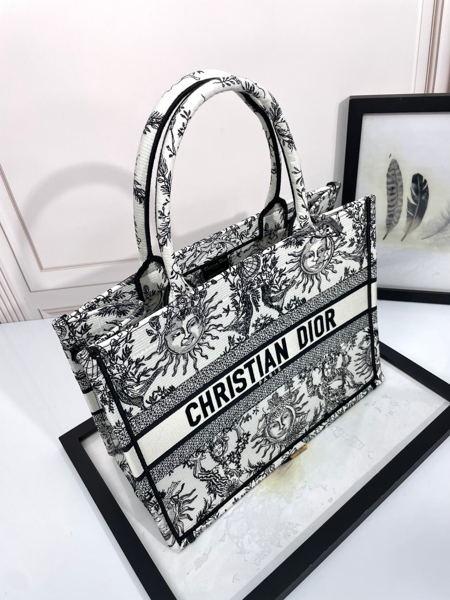 Christian Dior Medium Dior Book Tote - White and Black Zodiac Embroidery
