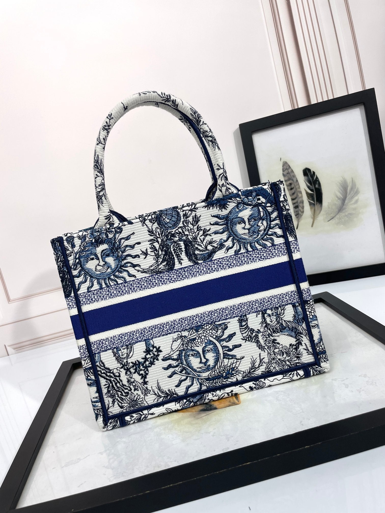 Christian Dior Blue & White Celestial Sun Embroidery Book Tote Bag