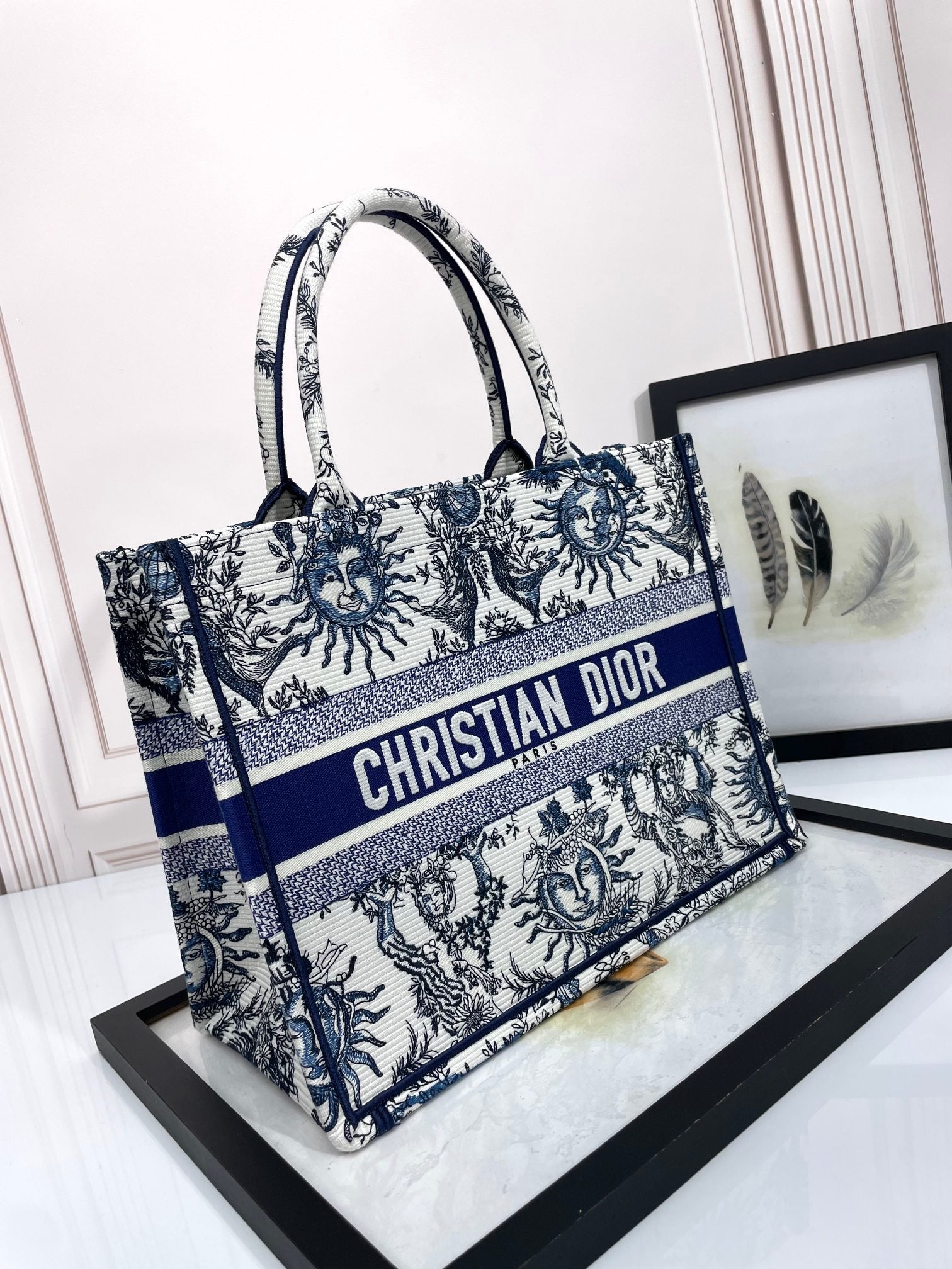 Christian Dior Large Book Tote - Toile de Jouy Soleil Blue and White Embroidery