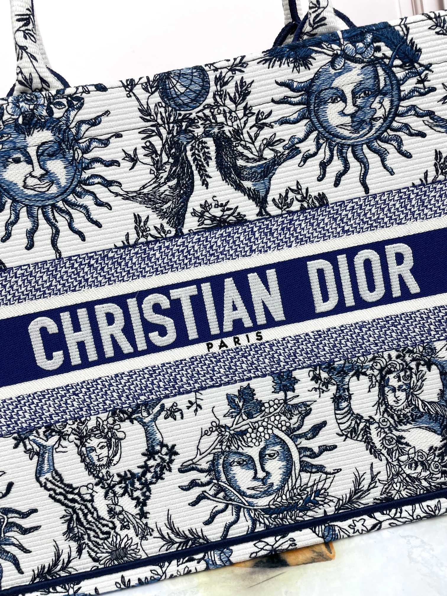 Christian Dior Large Book Tote - Toile de Jouy Soleil Blue and White Embroidery