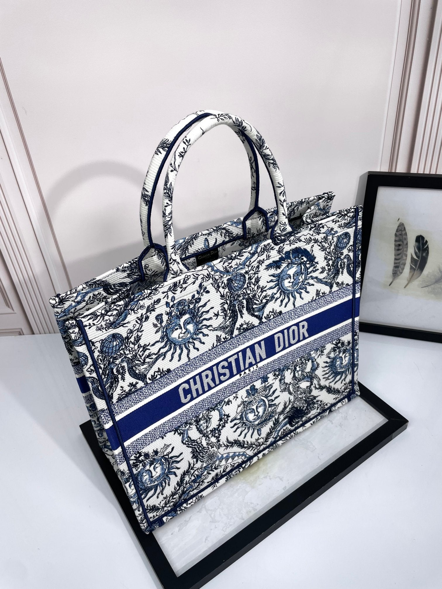 Christian Dior Large Book Tote Blue and White Celestial Zodiac Embroidered Canvas Handbag