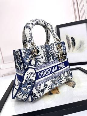 Christian Dior Medium Lady D-Lite Bag - Blue & White Toile de Jouy Zodiac Embroidery