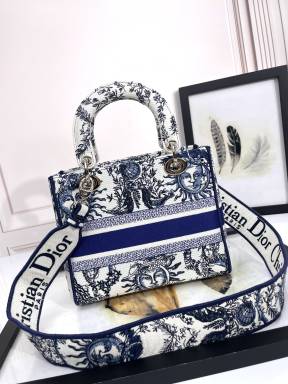 Christian Dior Medium Lady D-Lite Bag - Blue & White Toile de Jouy Zodiac Embroidery