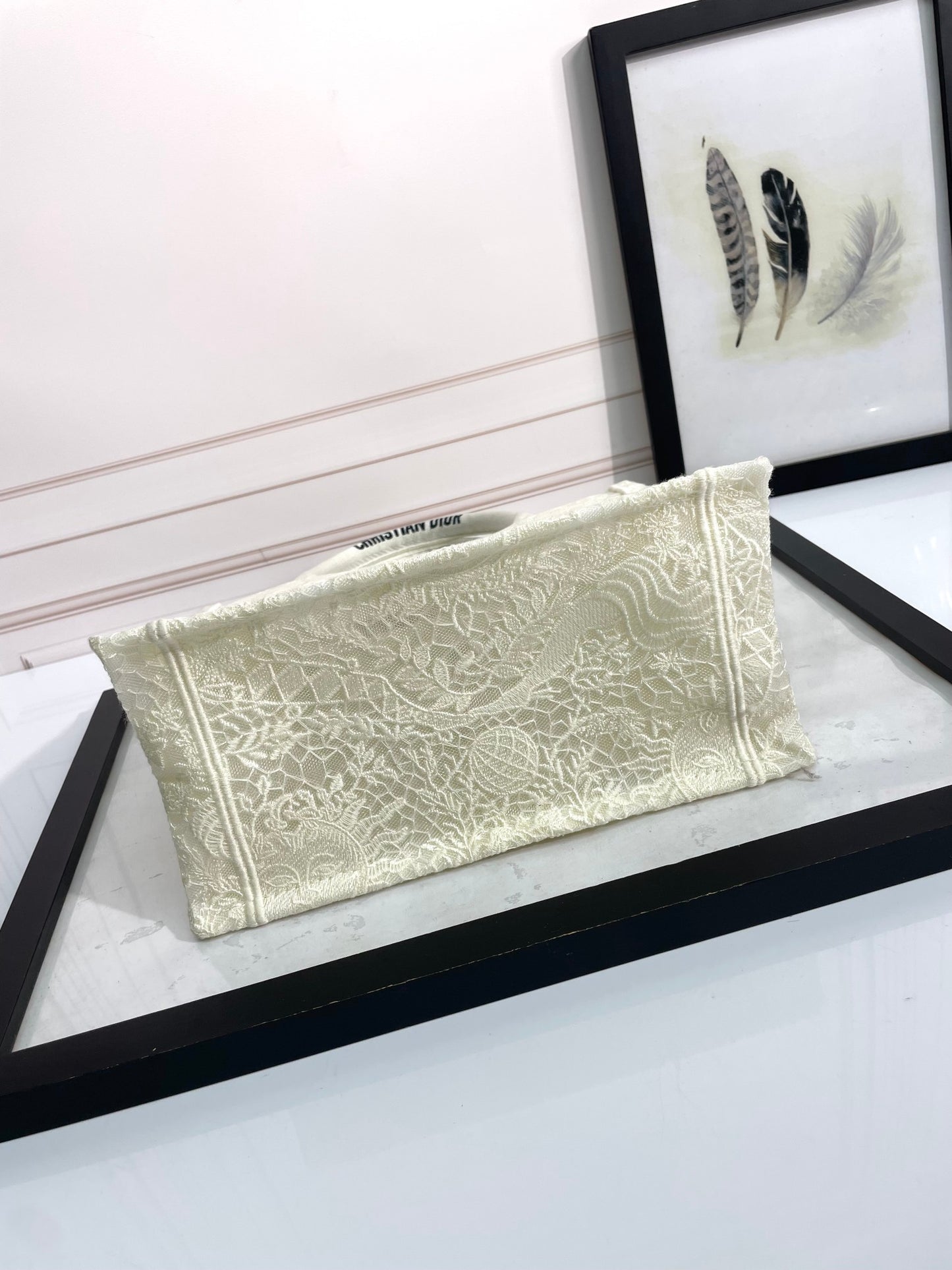 Christian Dior Book Tote Bag - White/Beige Embroidered Canvas Designer Handbag