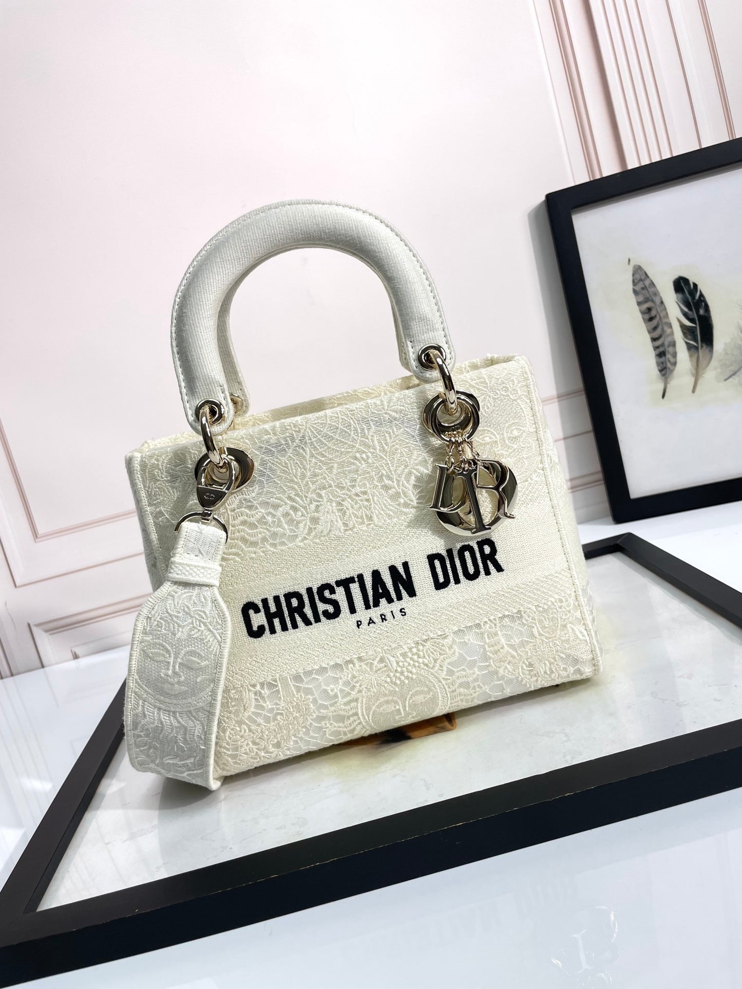 Christian Dior Lady D-Lite Embroidered Handbag - White Luxury Canvas Bag with Shoulder Strap