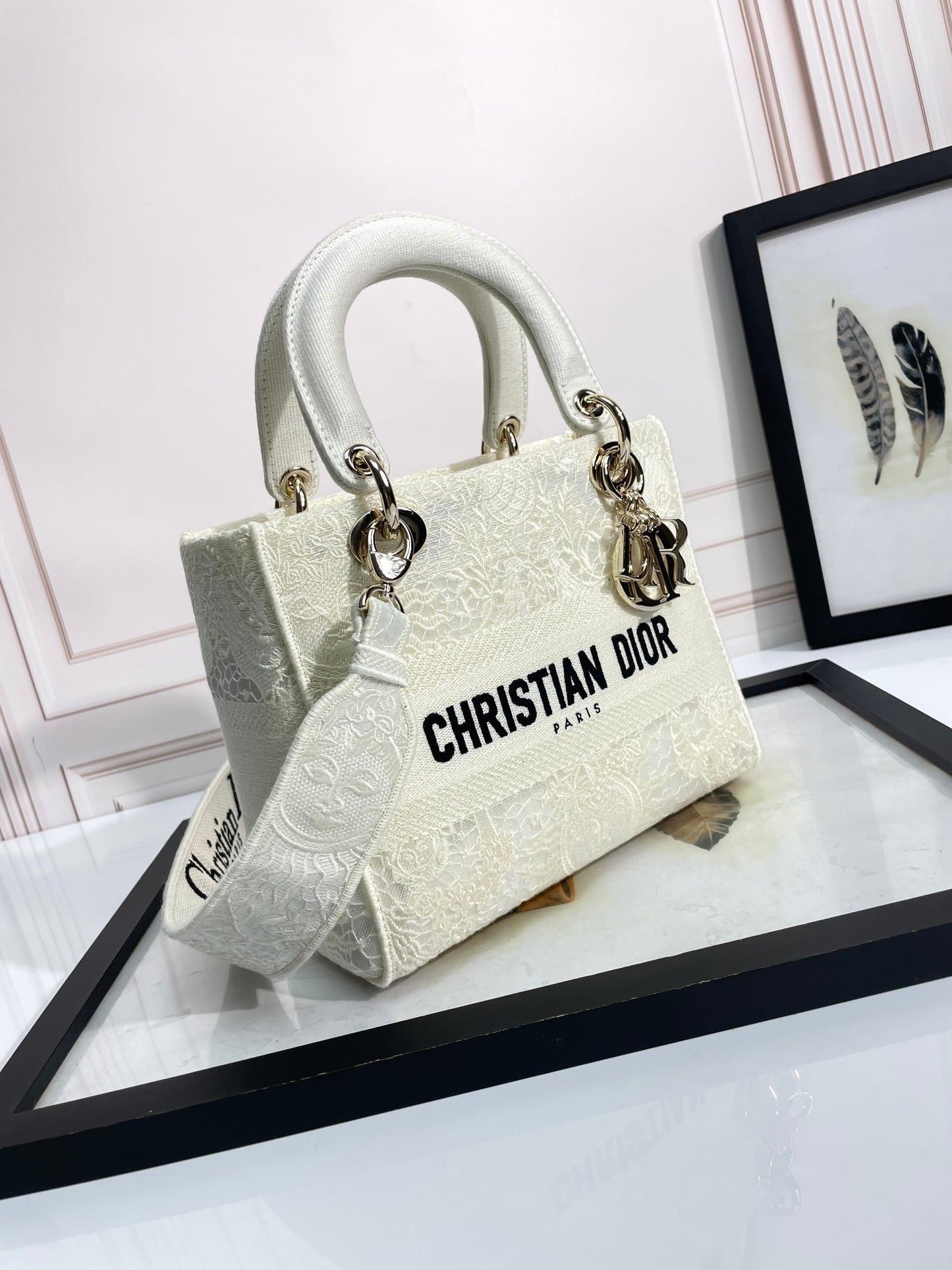Christian Dior Lady D-Lite Embroidered Handbag - White Luxury Canvas Bag with Shoulder Strap