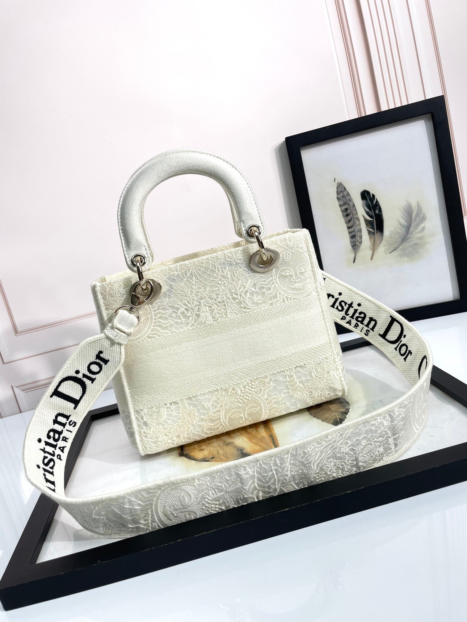Christian Dior Lady D-Lite Medium Bag - White Embroidered Canvas with Signature Logo