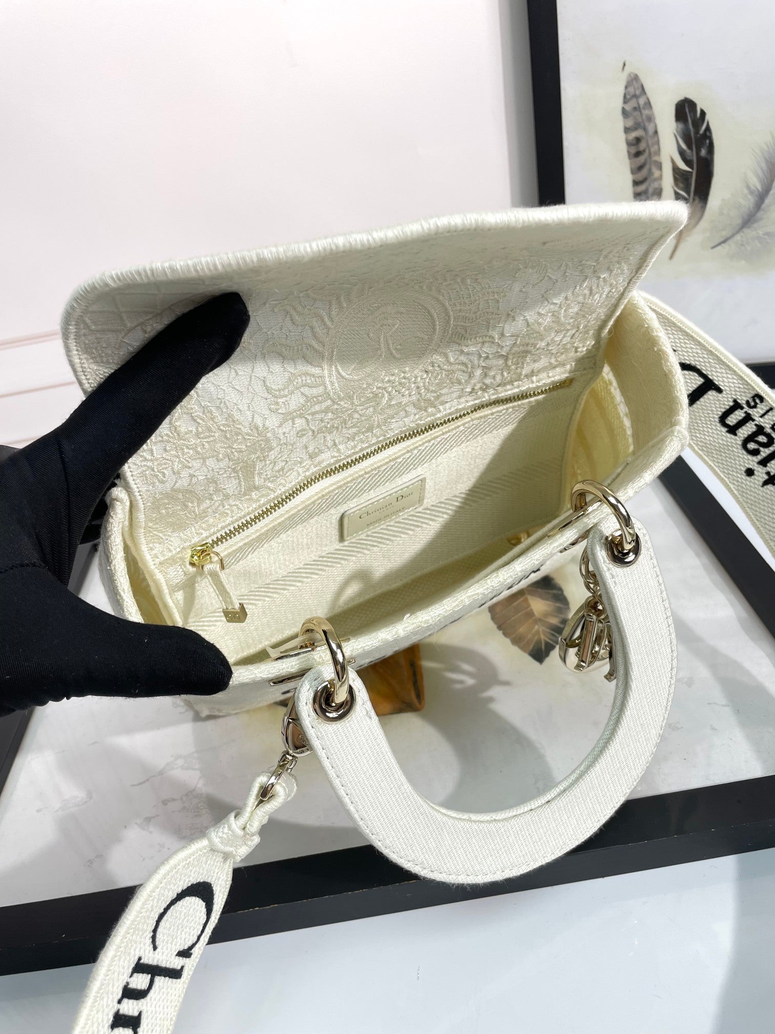 Christian Dior Lady D-Lite Embroidered Handbag - White Luxury Canvas Bag with Shoulder Strap