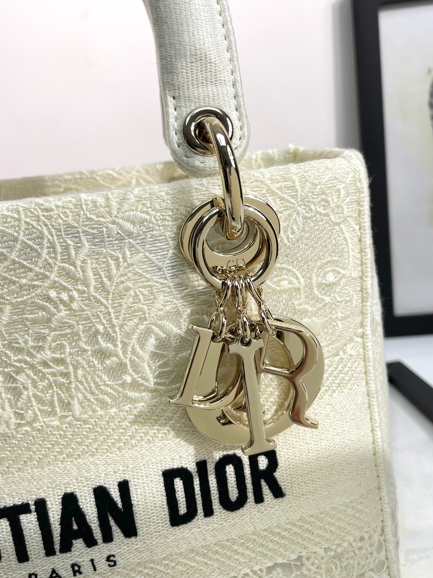Christian Dior Lady D-Lite Medium Bag - White Embroidered Canvas with Signature Logo