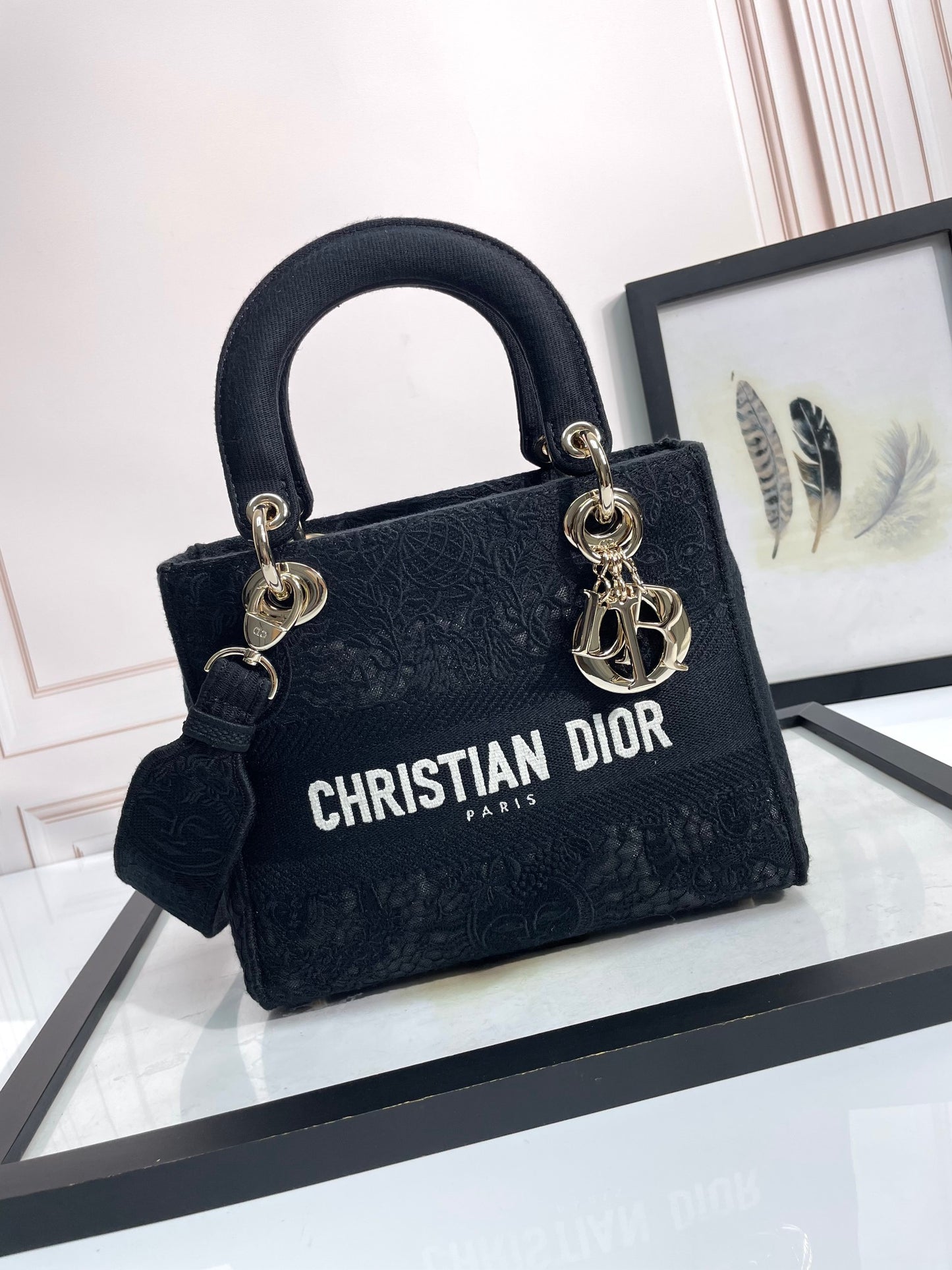 Christian Dior Lady D-Lite Bag - Black Embroidered Canvas