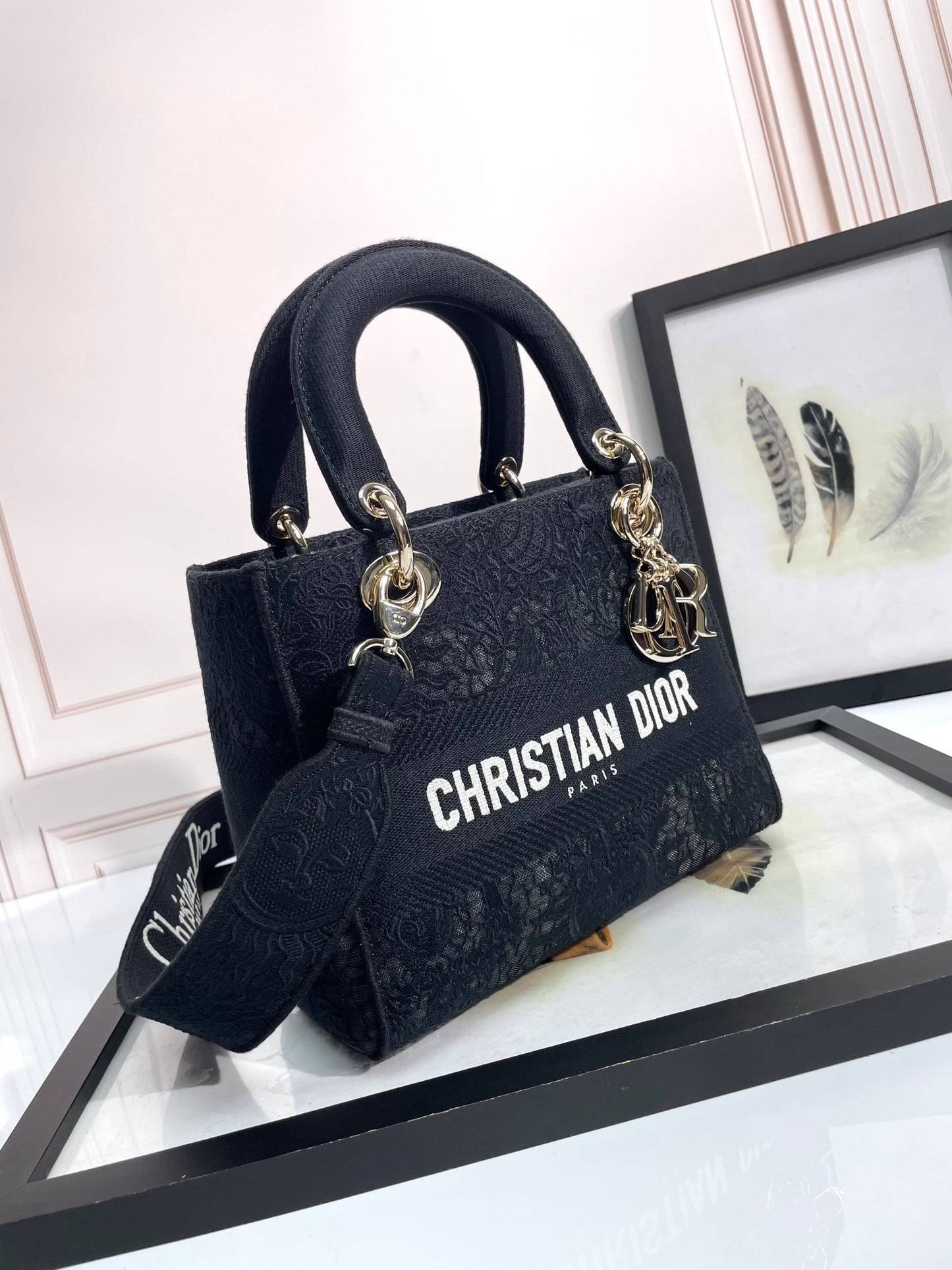 Christian Dior Lady D-Lite Bag - Black Embroidered Canvas