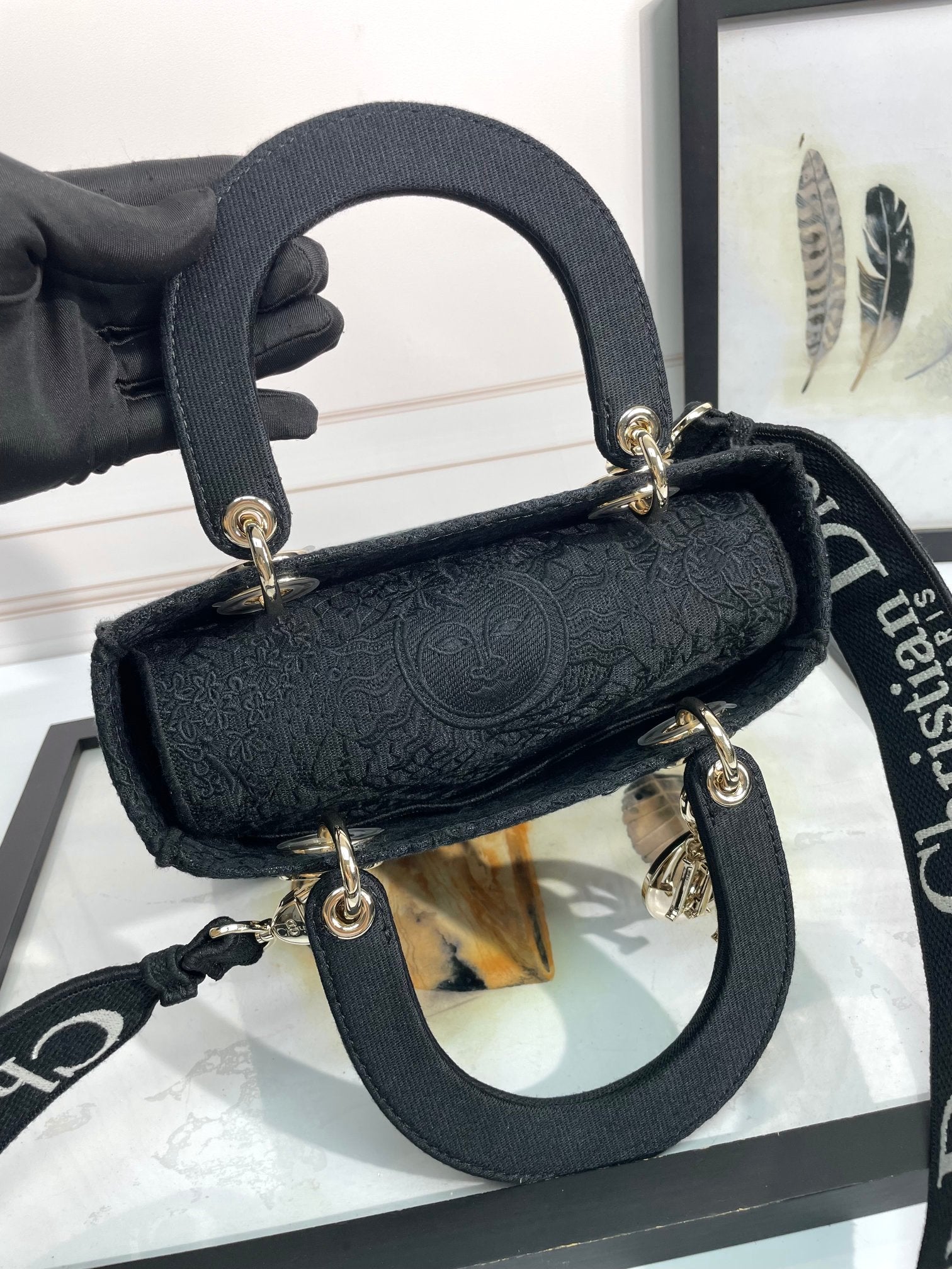 Christian Dior Lady D-Lite Medium Bag - Black Embroidered Canvas Handbag