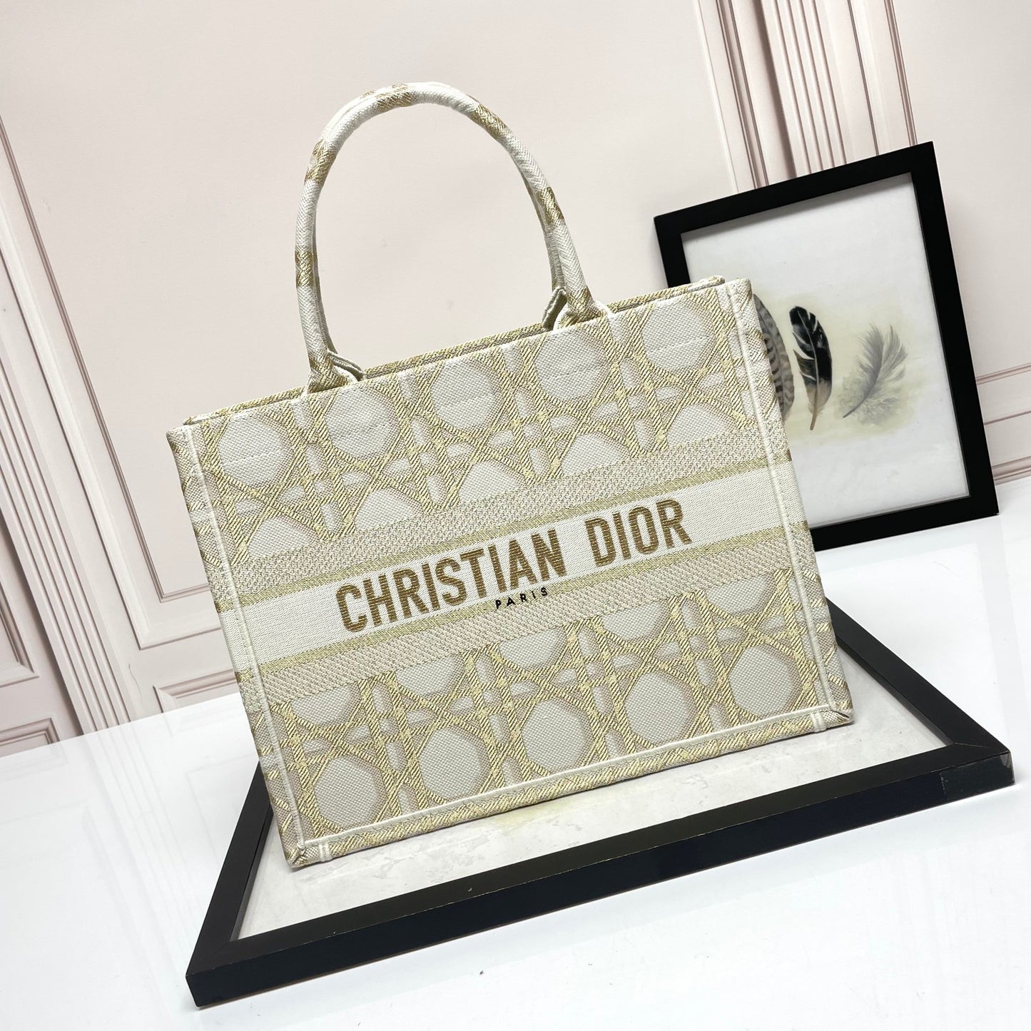 Christian Dior Medium Book Tote - Gold-Tone Metallic Cannage Embroidery