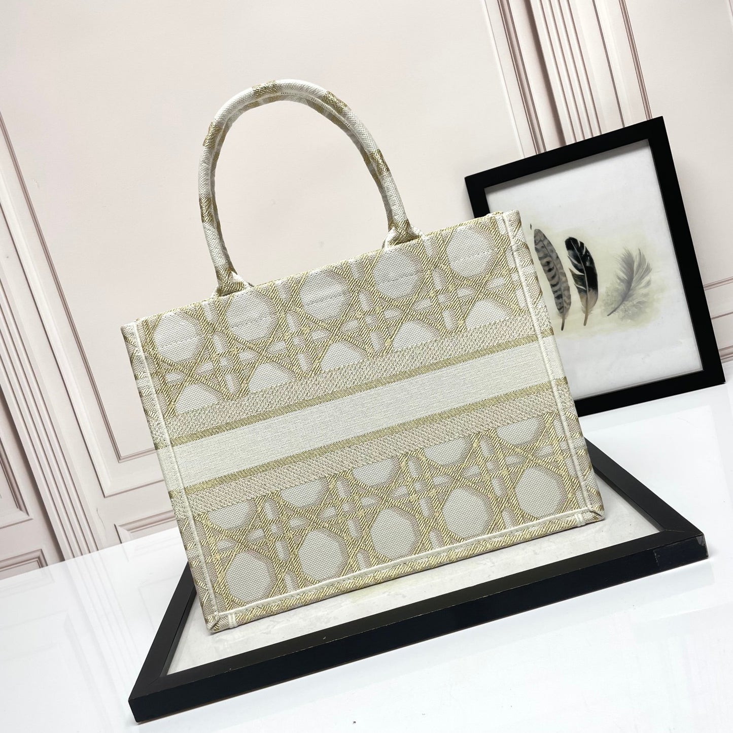 Christian Dior Medium Book Tote - Gold-Tone Metallic Cannage Embroidery