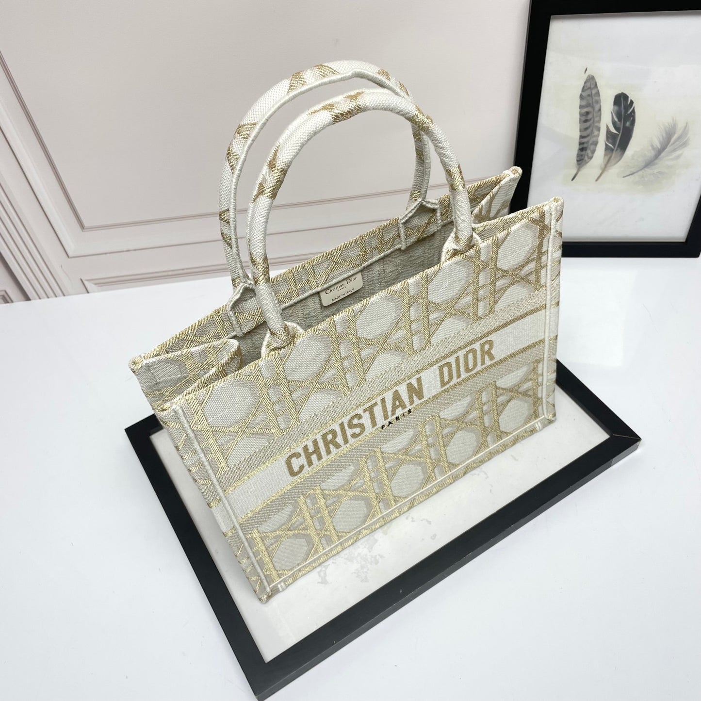 Christian Dior Medium Book Tote - Gold-Tone Metallic Cannage Embroidery