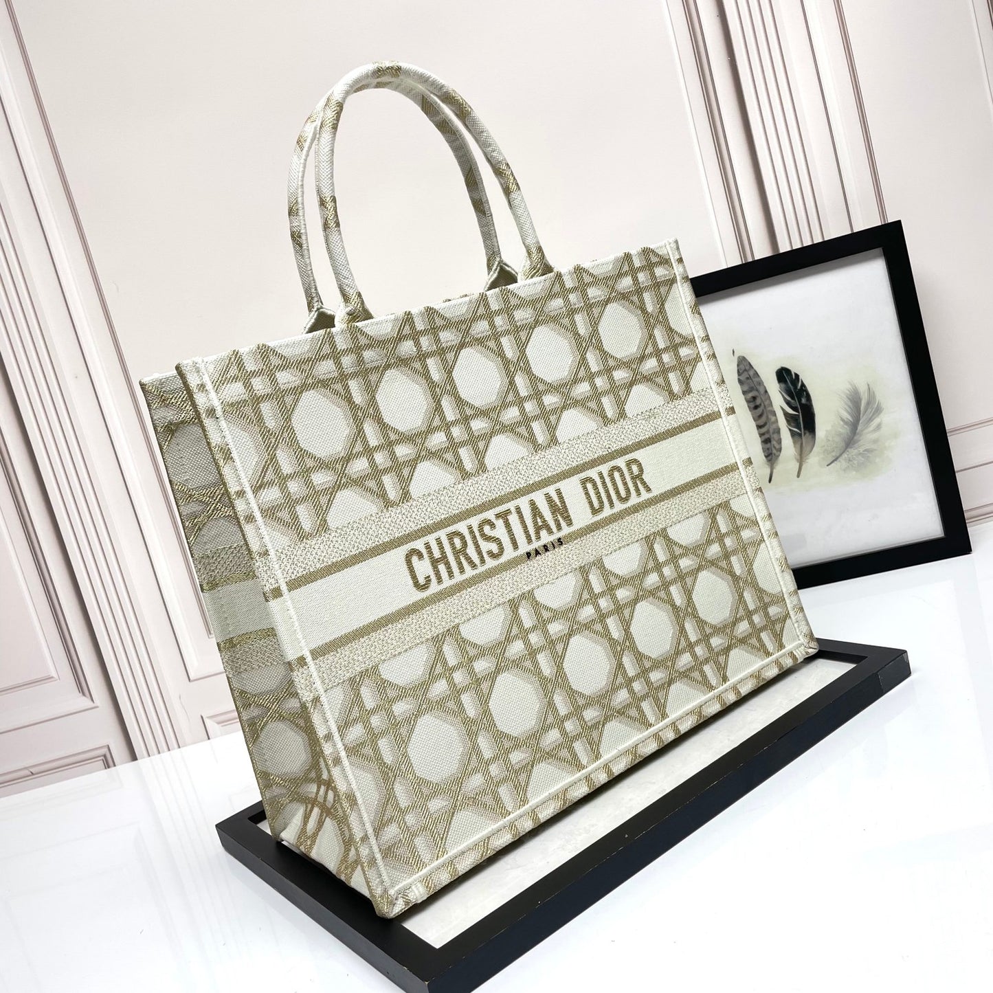 Christian Dior Medium Book Tote - Beige Embroidered Cannage Canvas