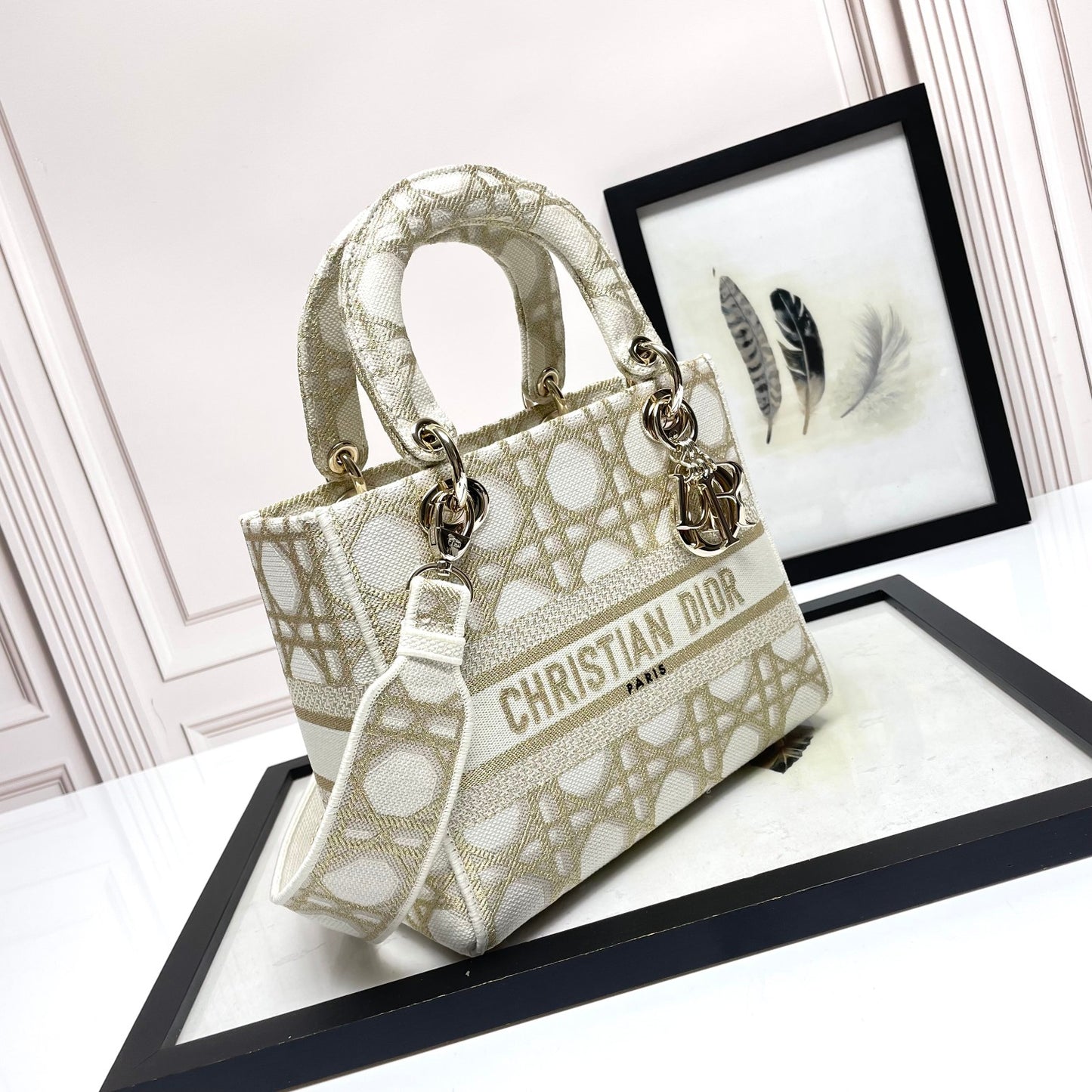 Christian Dior Medium Lady D-Lite Bag - Beige/White Embroidered Canvas