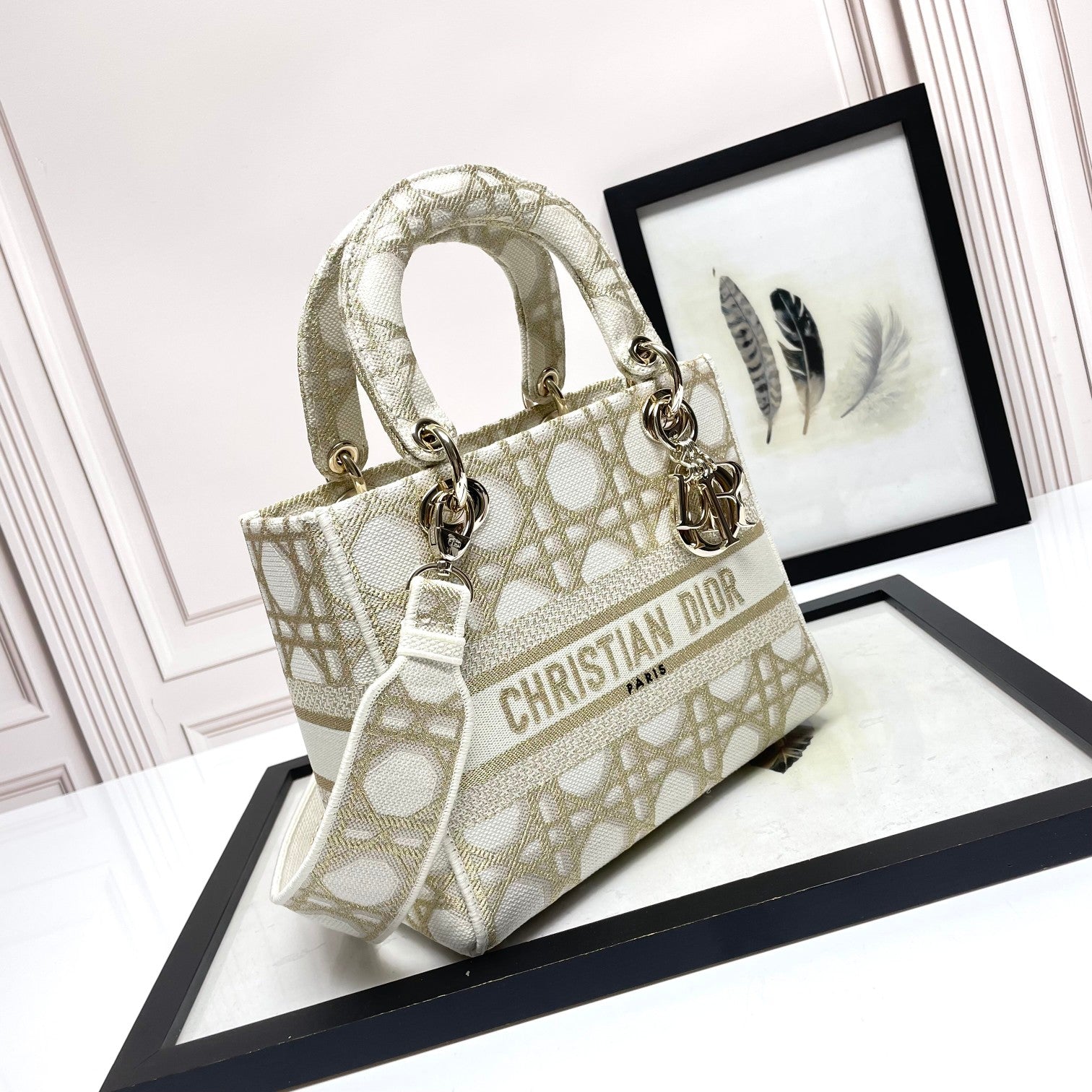 Christian Dior Lady D-Lite Medium Bag - Beige and White Cannage Embroidery
