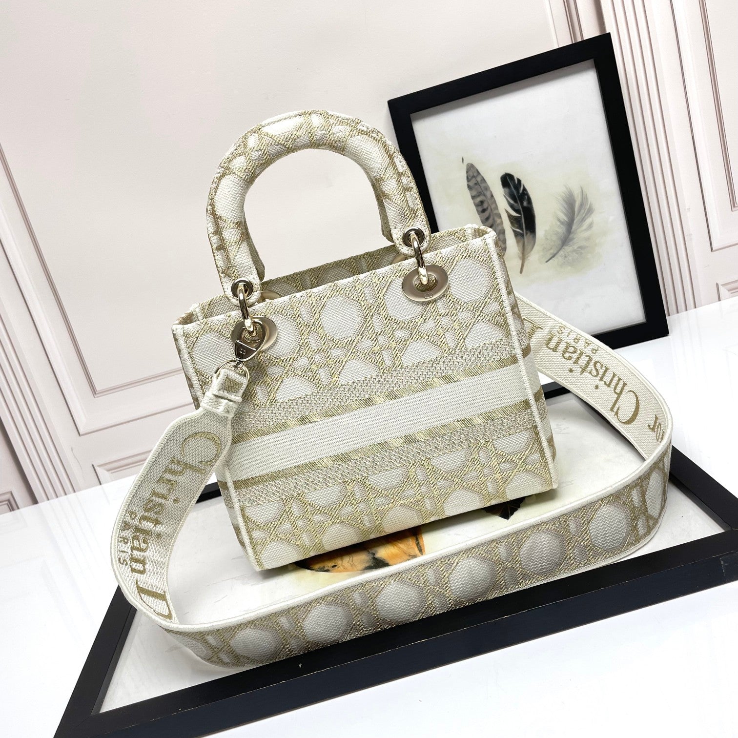 Christian Dior Lady D-Lite Medium Bag - Beige and White Cannage Embroidery