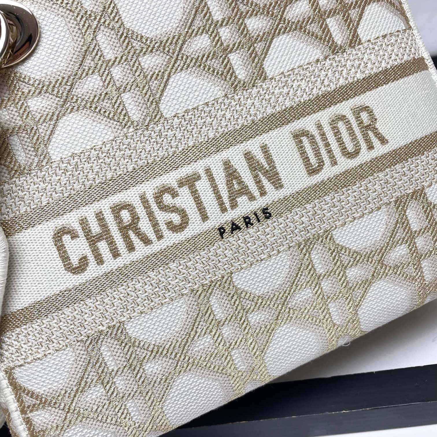 Christian Dior Lady D-Lite Medium Bag - Beige and White Cannage Embroidery