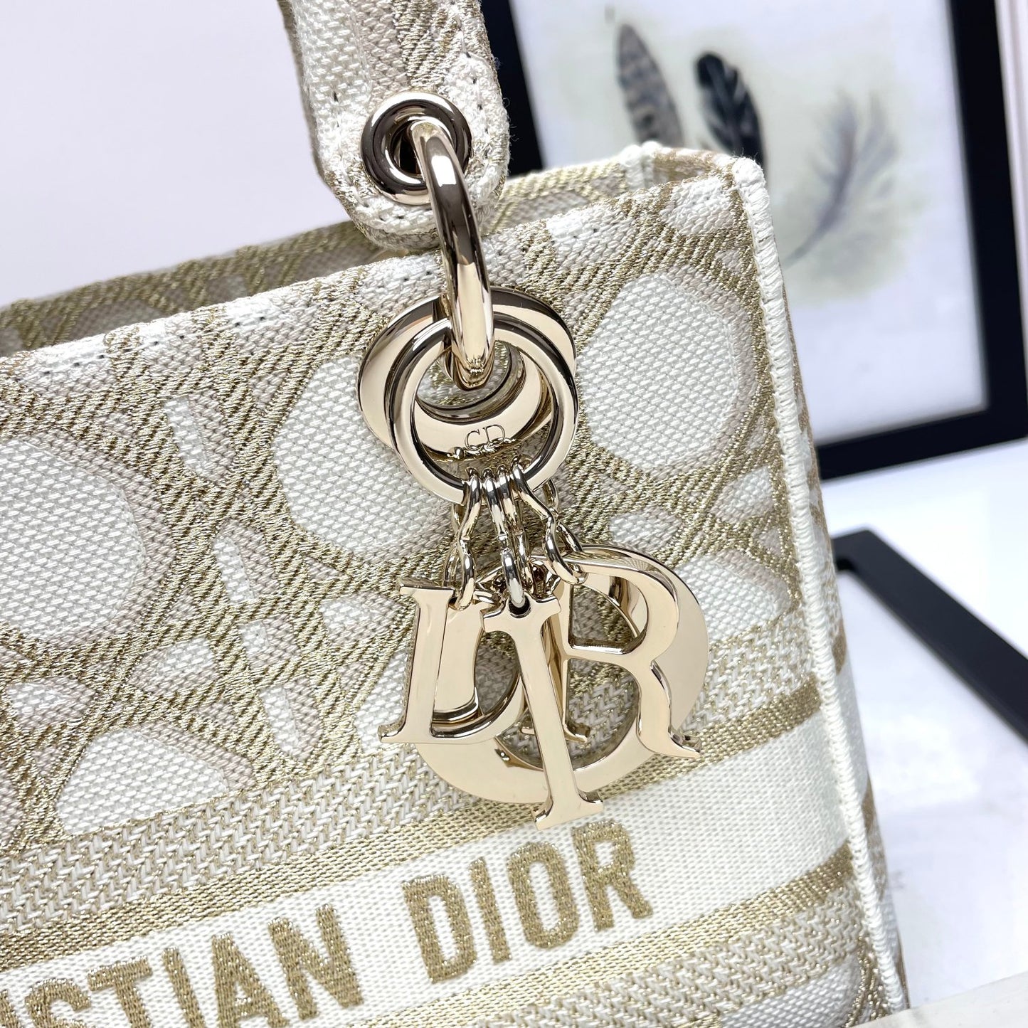 Christian Dior Lady D-Lite Medium Bag - Beige and White Cannage Embroidery