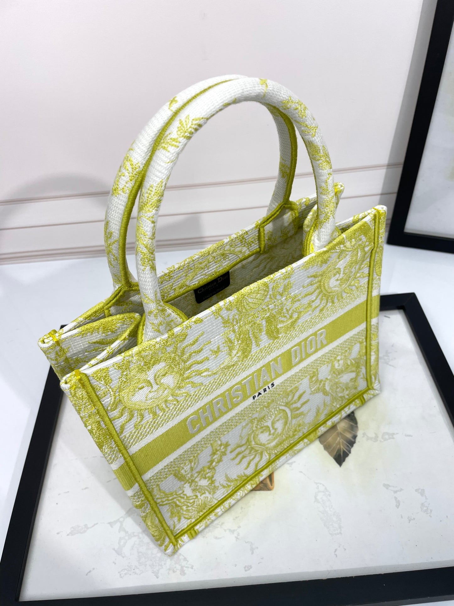 Christian Dior Medium Book Tote - Chartreuse Toile de Jouy Soleil Embroidery