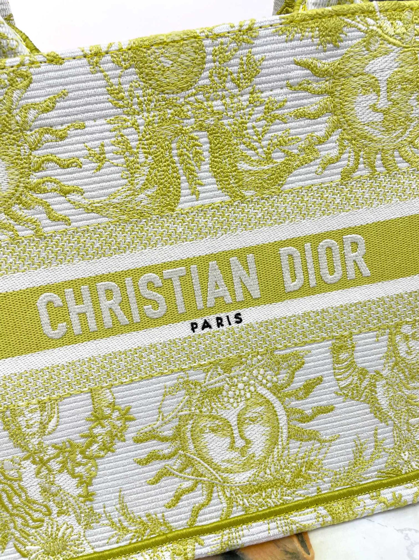 Christian Dior Medium Book Tote - Chartreuse Toile de Jouy Soleil Embroidery