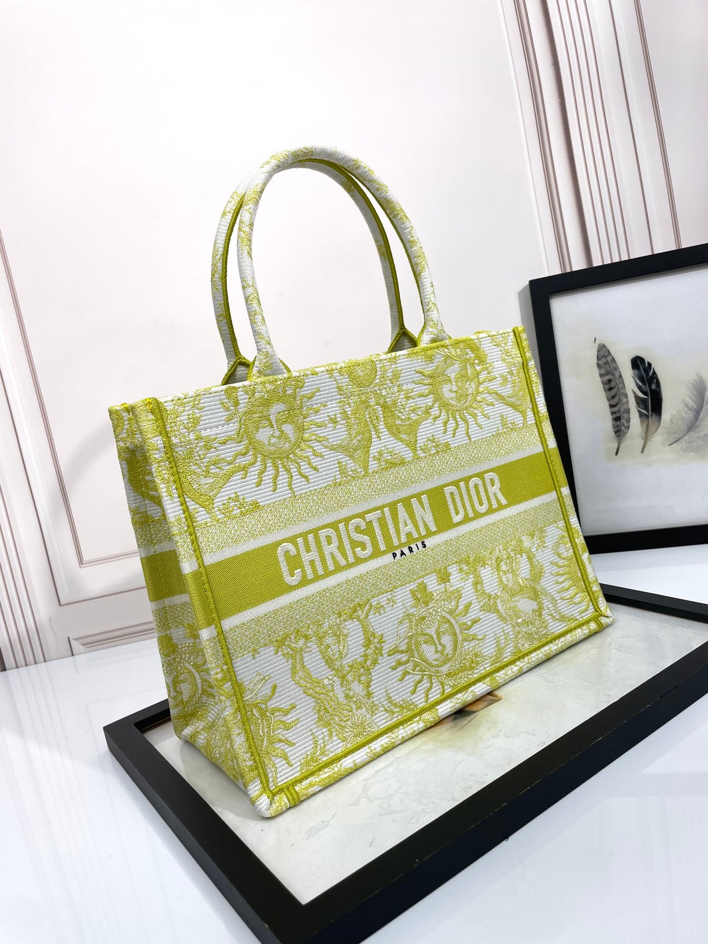 Christian Dior Medium Book Tote Lemon Yellow Toile de Jouy Soleil Embroidery