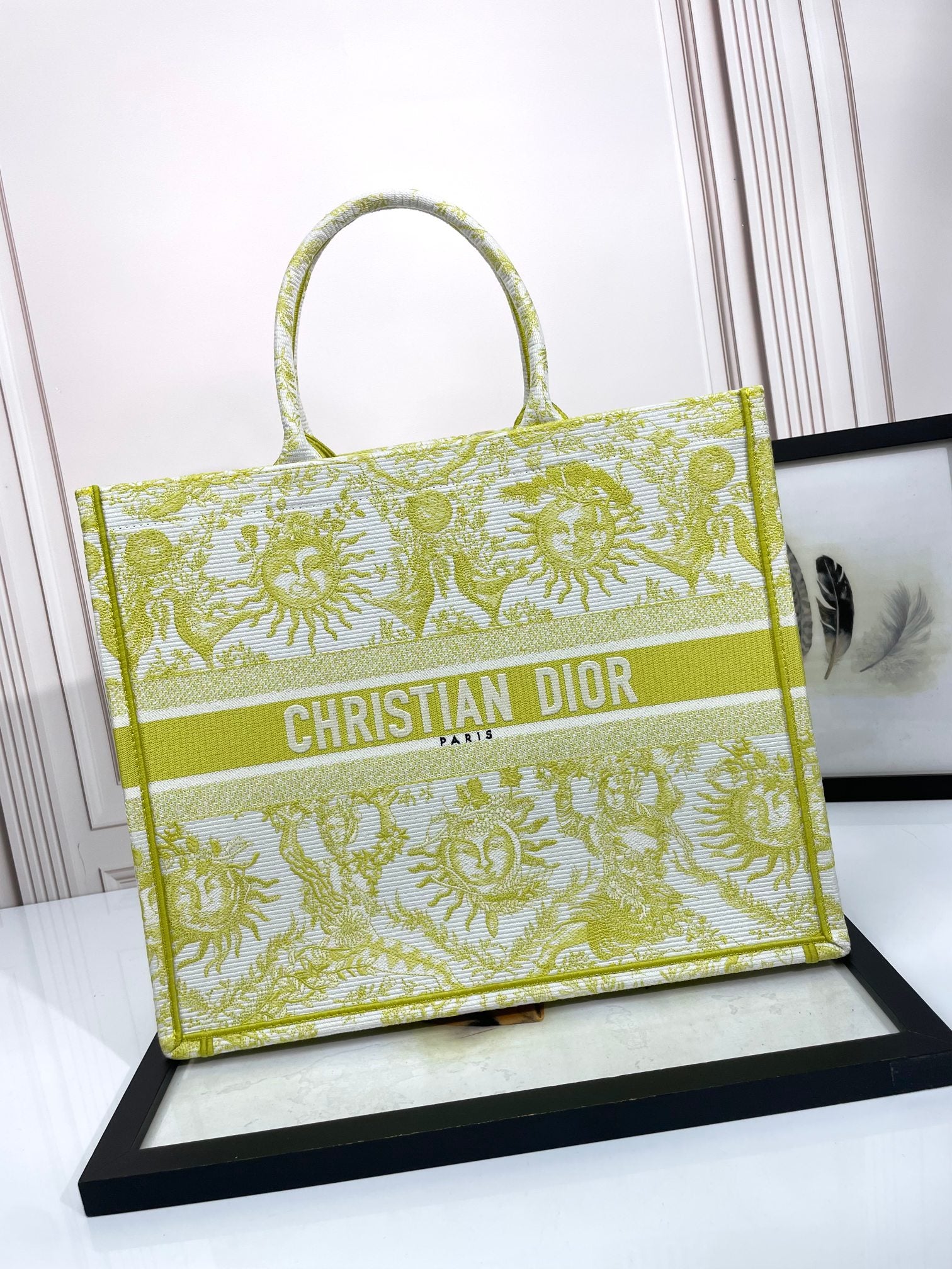 Christian Dior Large Book Tote Yellow Toile de Jouy Zodiac Embroidery Canvas Bag